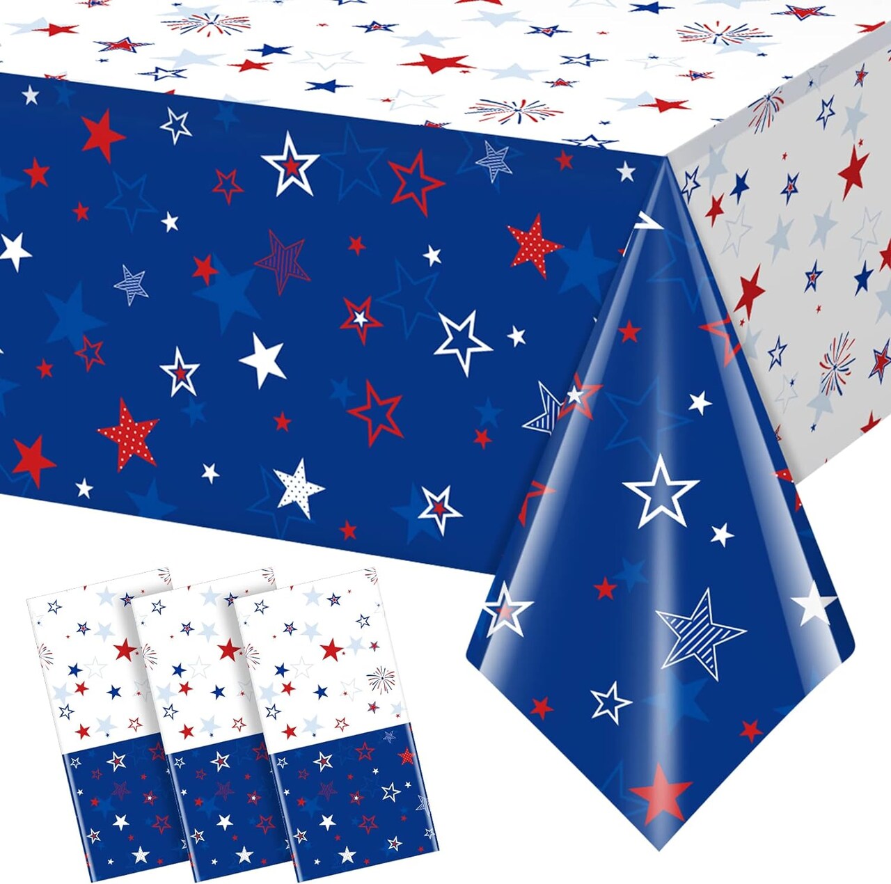 3-Pack Patriotic Tablecloths – 4th of July & Independence Day Plastic Table Covers with Stars & Fireworks, 54"x108" for Memorial Day & Patriotic Parties